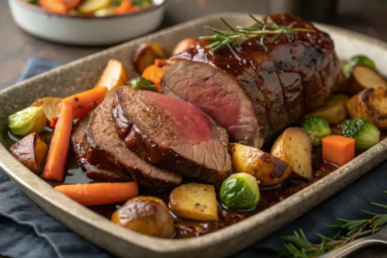 Delicious braised venison roast recipe on a platter