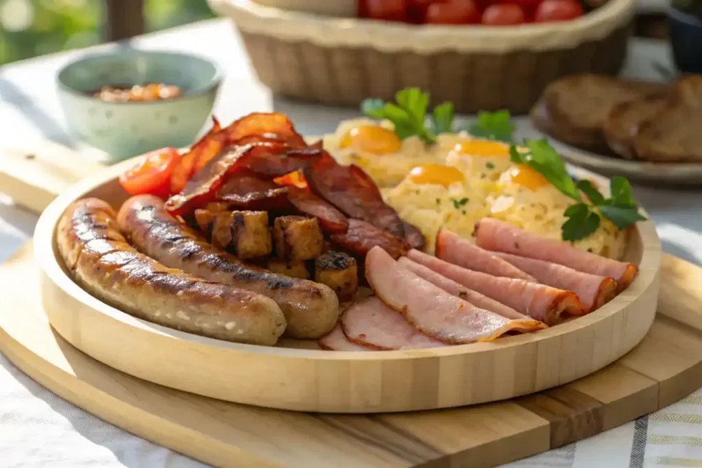 A delicious assortment of cooked breakfast meats on a serving platter.