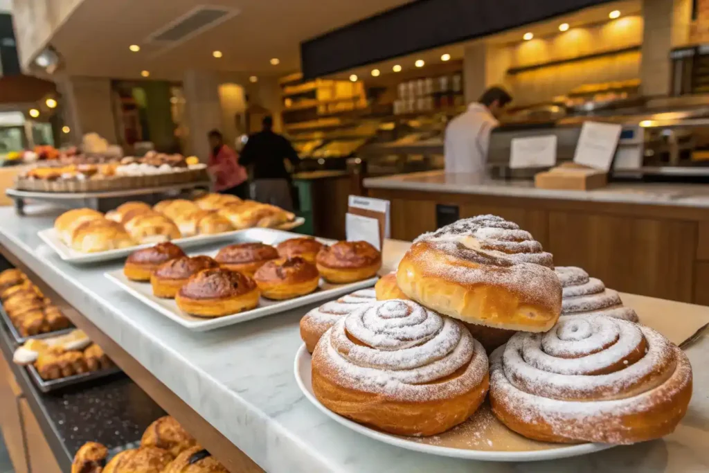 A diverse display of European breakfast pastries including cornetti, ensaimadas, and schnecken