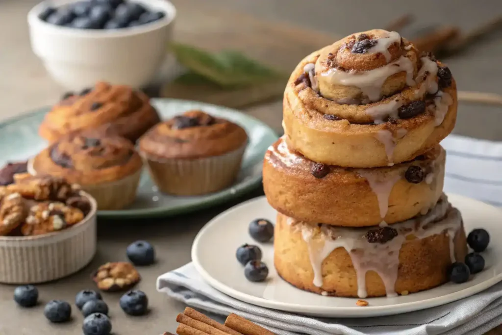 Close-up of warm cinnamon rolls with icing and a plate of blueberry and nut muffins