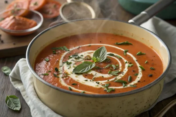 A hearty bowl of Campbell's soup recipe with vegetables and herbs