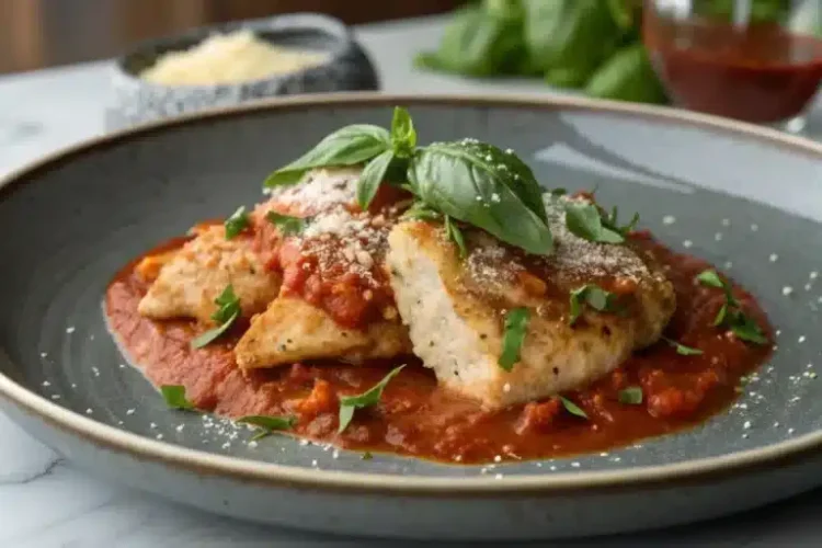 Close-up of chicken with marinara sauce on a plate.