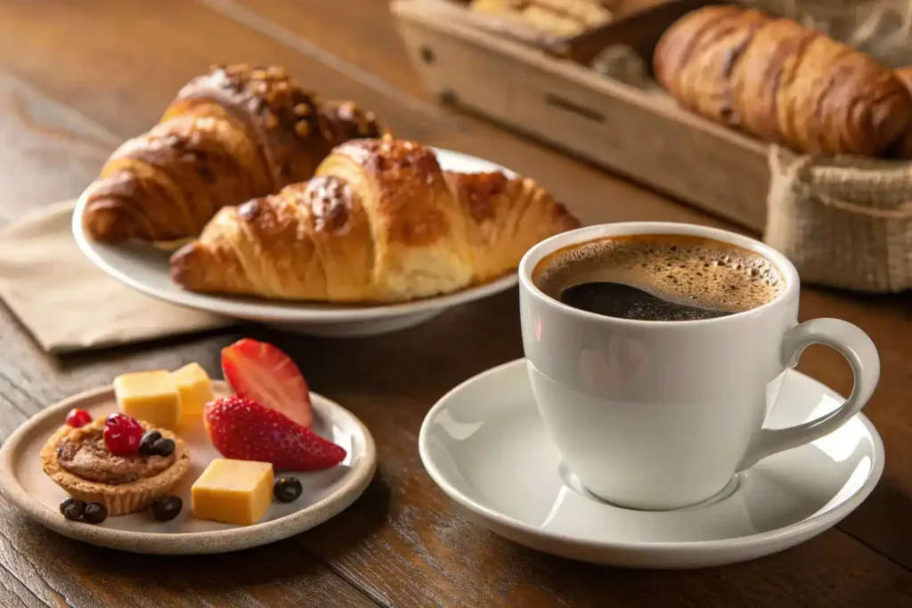 A cozy scene of coffee and pastries on a wooden table, with a croissant and a cup of fresh brewed coffee.