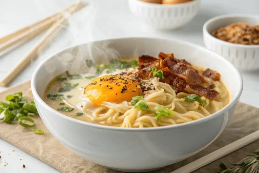 A bowl of creamy carbonara ramen with crispy bacon and green onions.