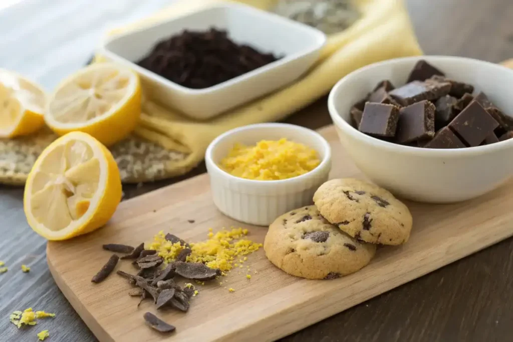 Ingredients for variations of Earl Grey cookies: lemon zest, dark chocolate chunks