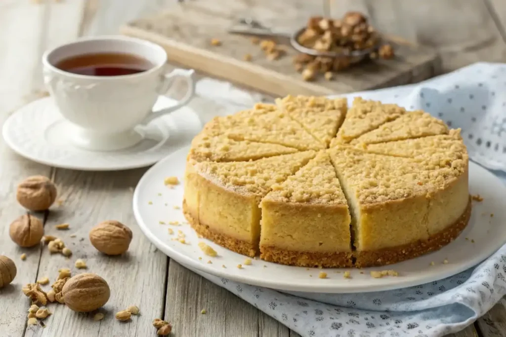 Golden cake with a crispy streusel topping, sliced and served on a white ceramic plate