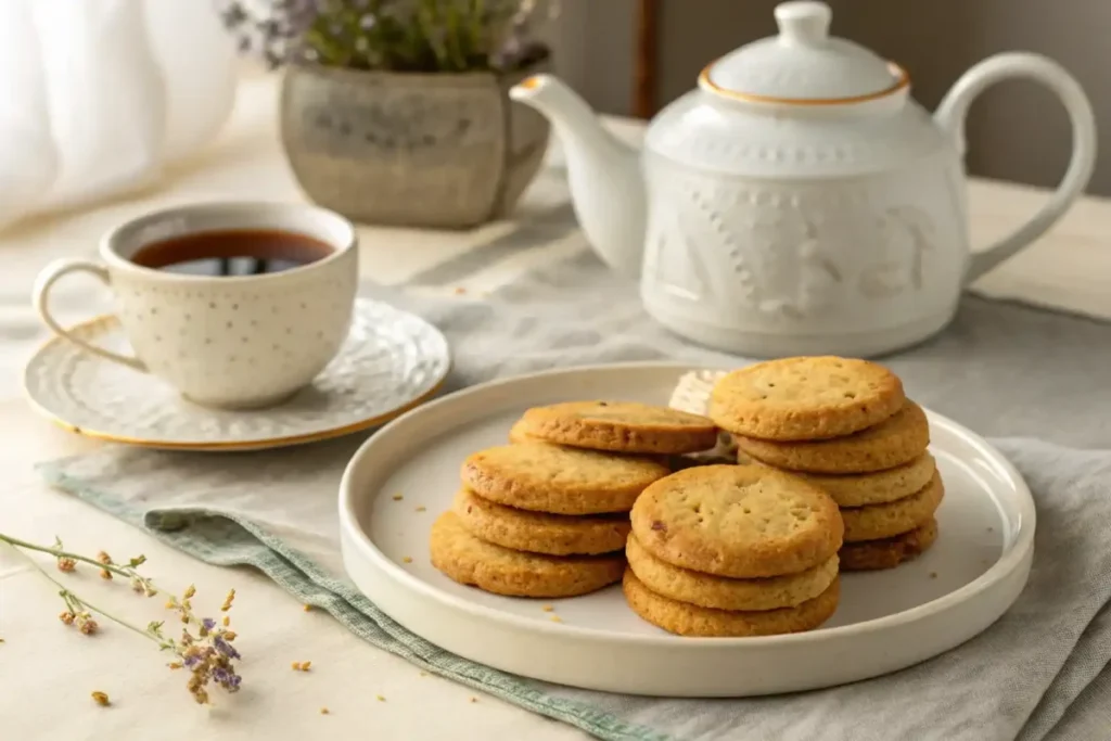 Freshly baked Earl Grey cookies on a plate with tea