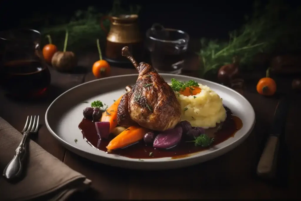 A gourmet plated dish of braised guinea hen with a rich wine sauce, served with mashed potatoes.