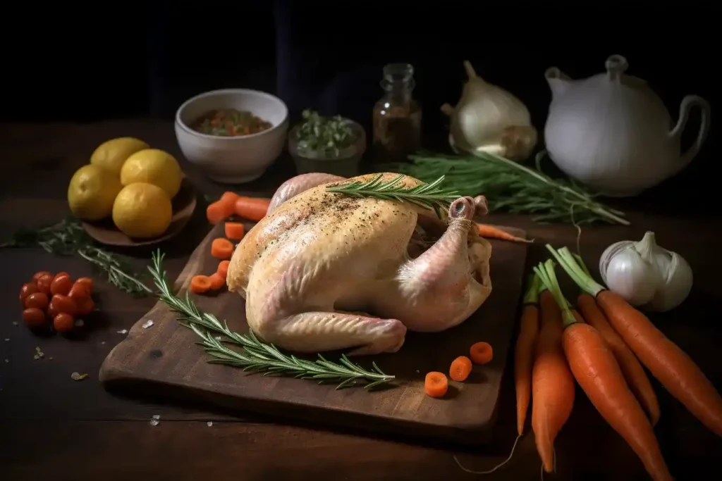 Fresh ingredients for guinea hen recipes, including raw guinea hen, herbs, olive oil, and root vegetables