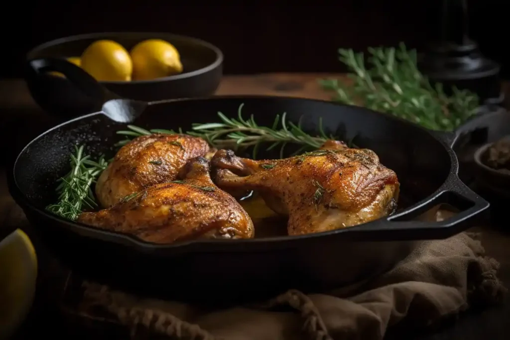 Guinea hen searing in a skillet, turning golden brown with garlic and fresh herbs.