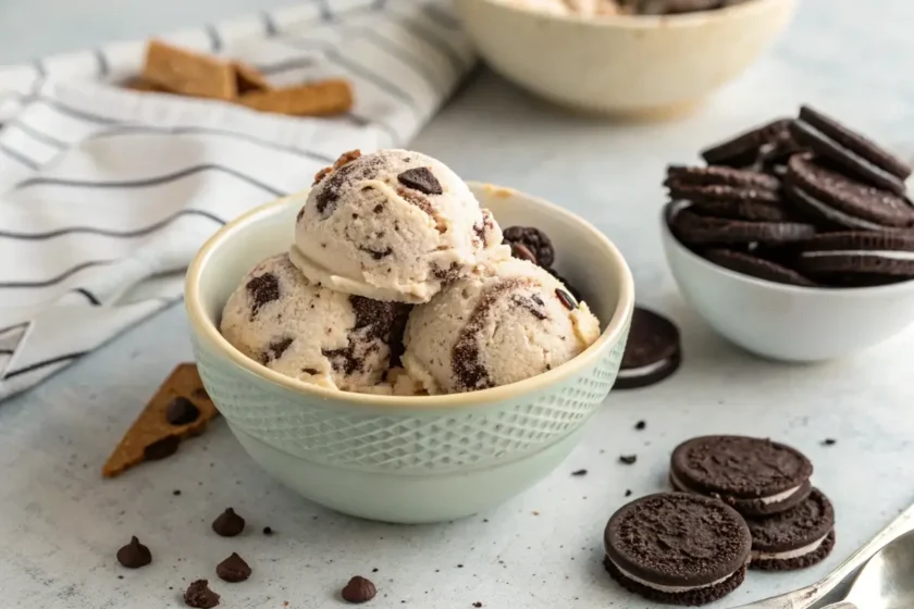 Close-up shot of homemade Oreo ice cream in a bowl with crushed Oreos on top.