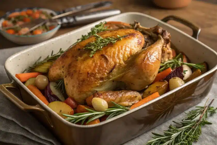 Close-up of a braised guinea fowl in a pot with vegetables