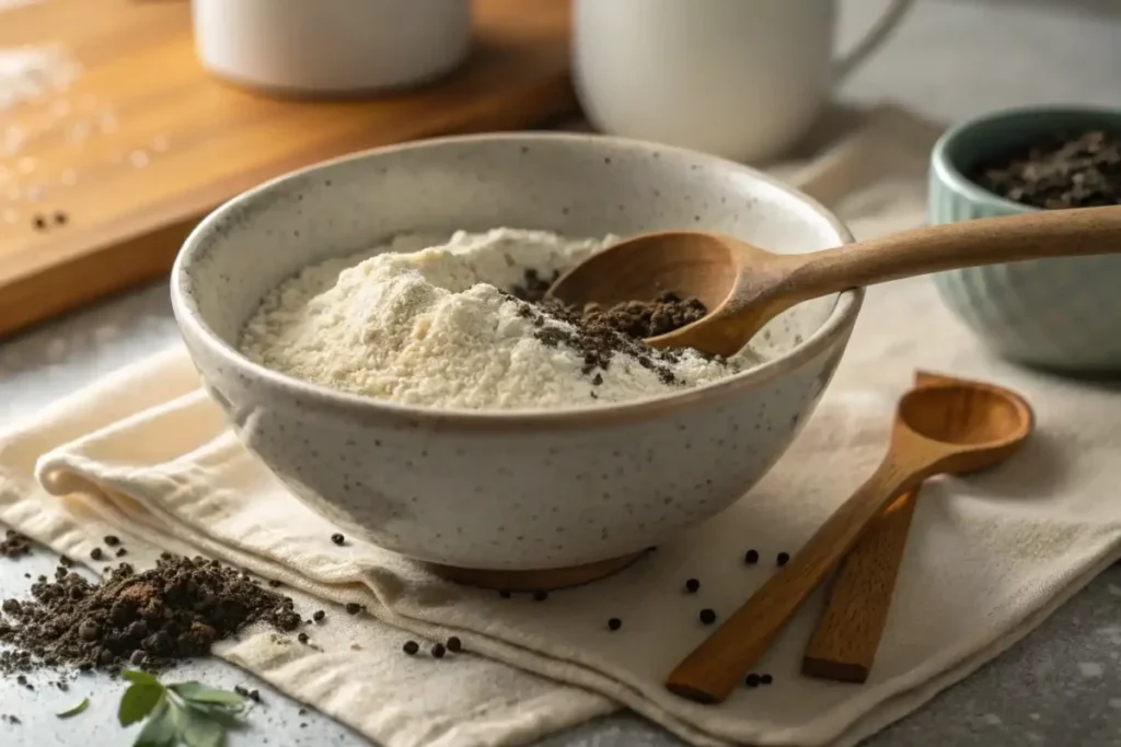 Flour and Earl Grey tea in a bowl with a wooden spoon