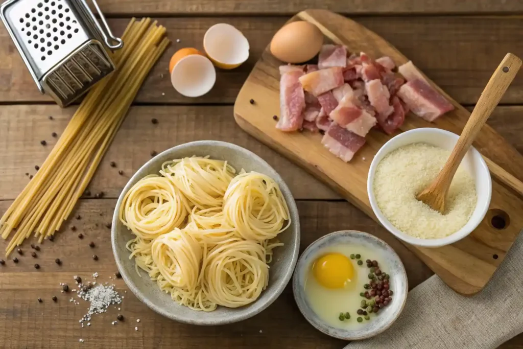 Ingredients for creamy carbonara ramen including ramen noodles, eggs, pancetta, Parmesan cheese, and black pepper