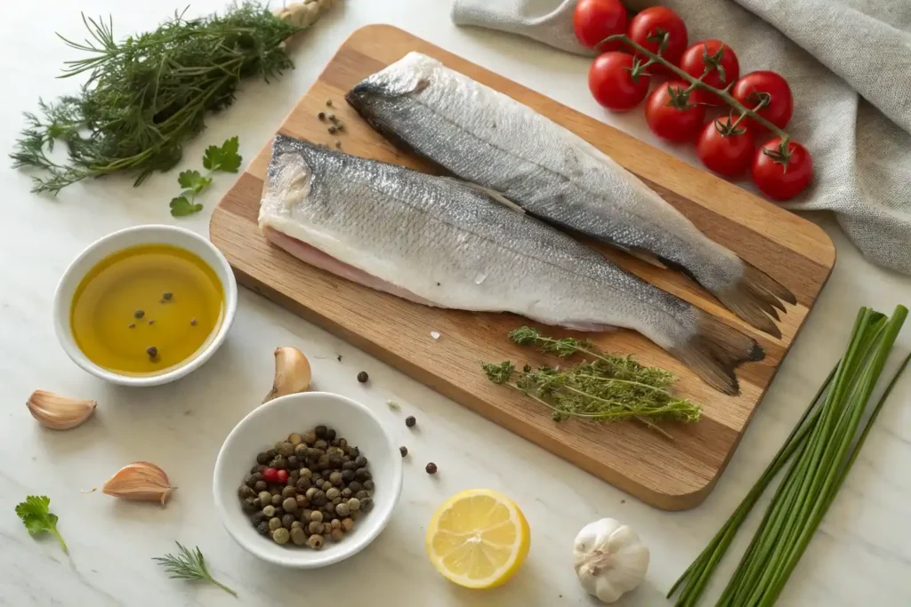 Ingredients for branzino fillet including raw fillets, olive oil, herbs, lemon, cherry tomatoes, olives, and garlic