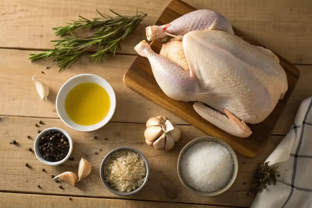 Common ingredients for turkey marinades including chicken broth, olive oil, garlic, salt, pepper, and herbs