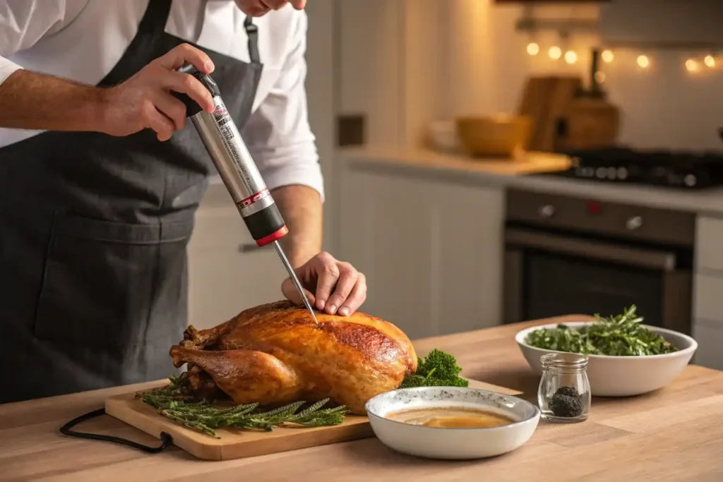 Cook injecting marinade into a turkey using a stainless steel injector with marinade nearby