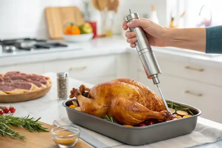 Close-up shot of a turkey being injected with marinade.