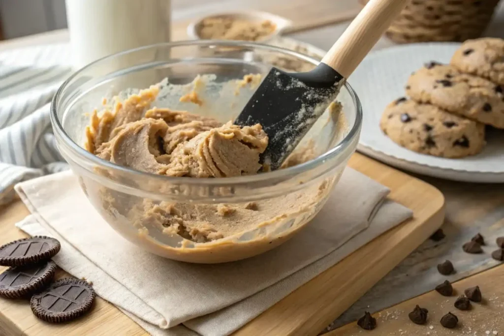 Soft cookie dough infused with Earl Grey tea in a glass bowl