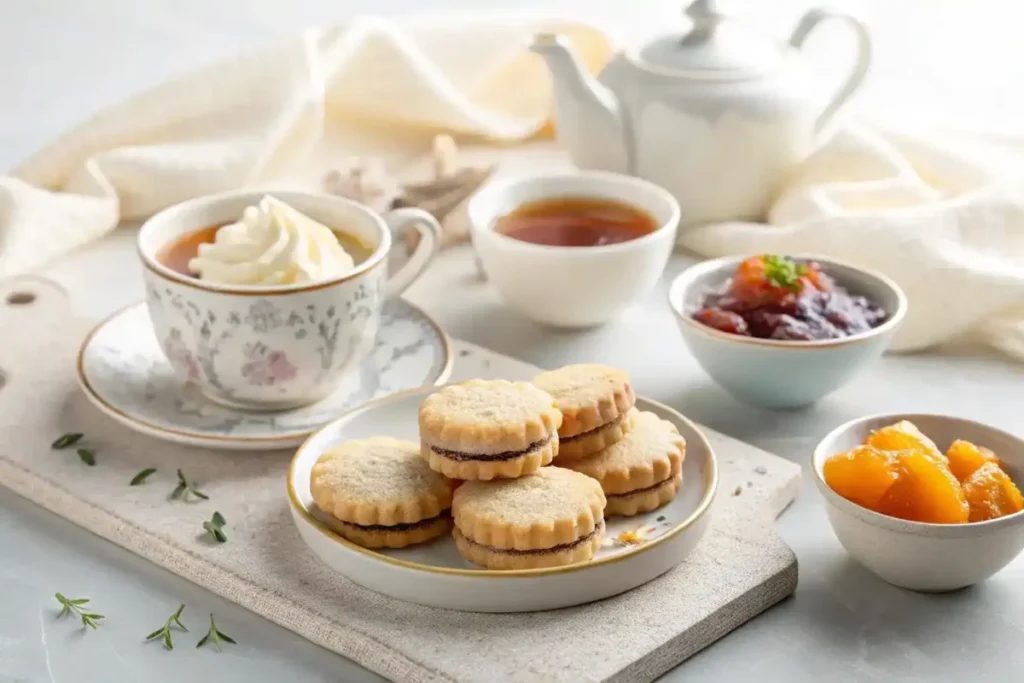 Earl Grey cookies served with tea, cream cheese frosting, and fruit preserves