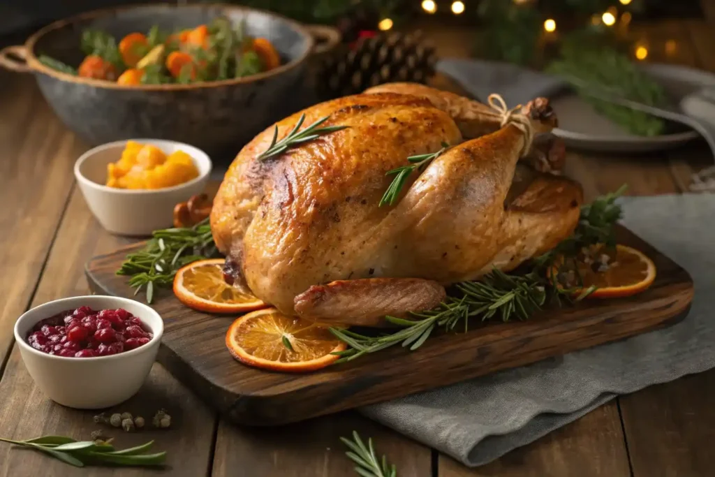 Golden roasted turkey garnished with fresh herbs and orange slices, served with marinades