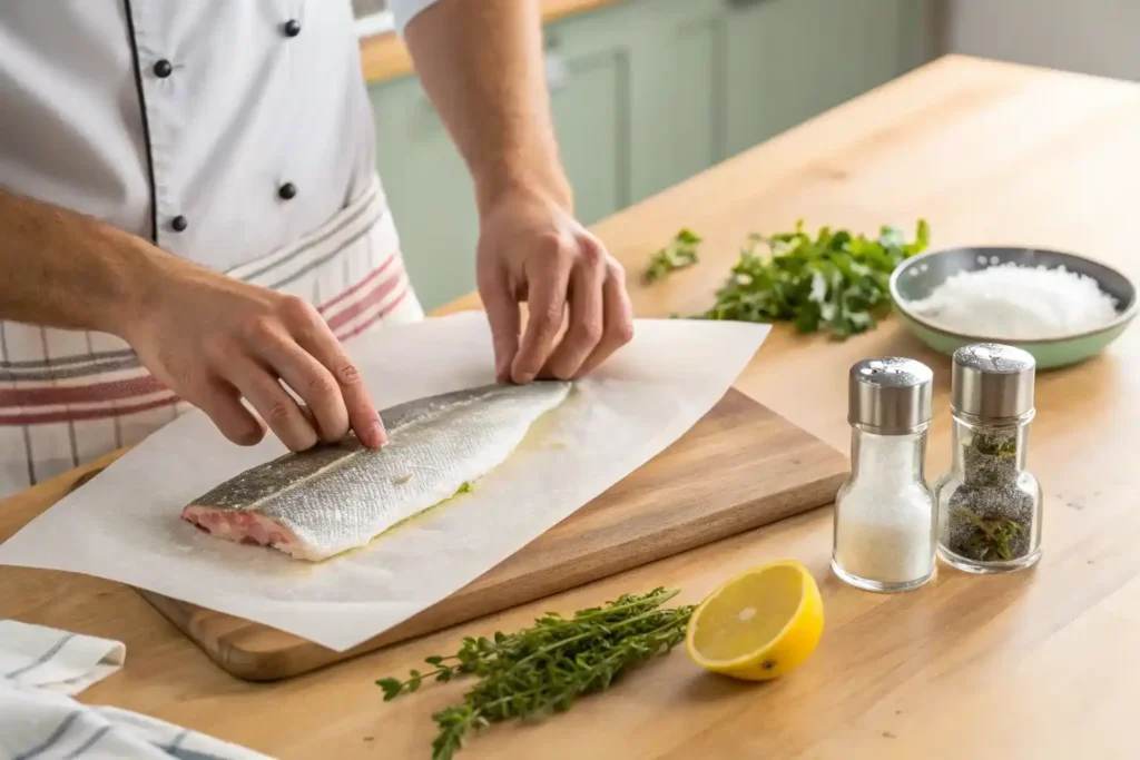 A cook preparing branzino fillet by patting it dry with paper towels, surrounded by fresh ingredients