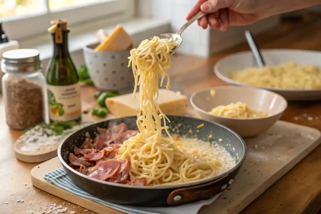 Cooking creamy carbonara ramen with noodles in a pan, Parmesan being added, and crispy pancetta nearby