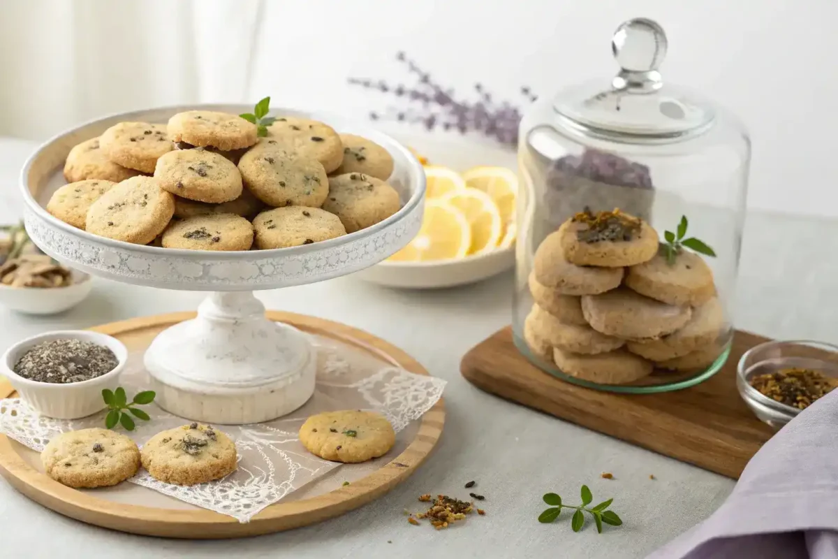 Presentation and storage options for Earl Grey cookies: displayed on a platter and in an airtight container