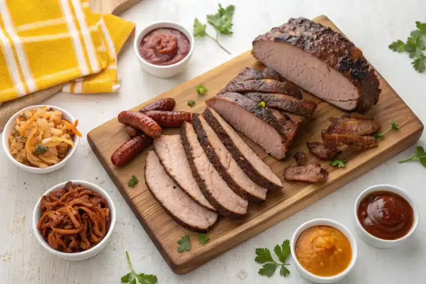 A close-up of various smoked meats on a platter.