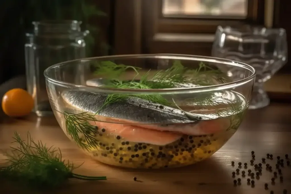 Fresh trout fillets submerged in a clear brine solution with bay leaves, black peppercorns, and herbs floating on top