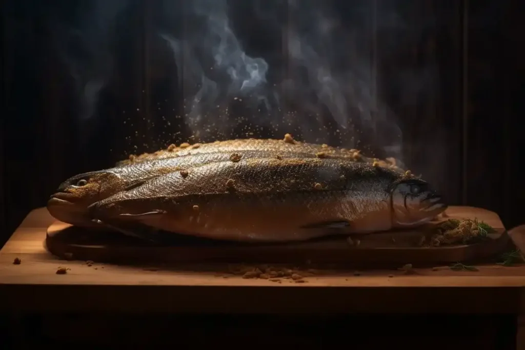 Beautifully plated smoked trout fillet with a drizzle of olive oil, served with lemon wedges and fresh herbs