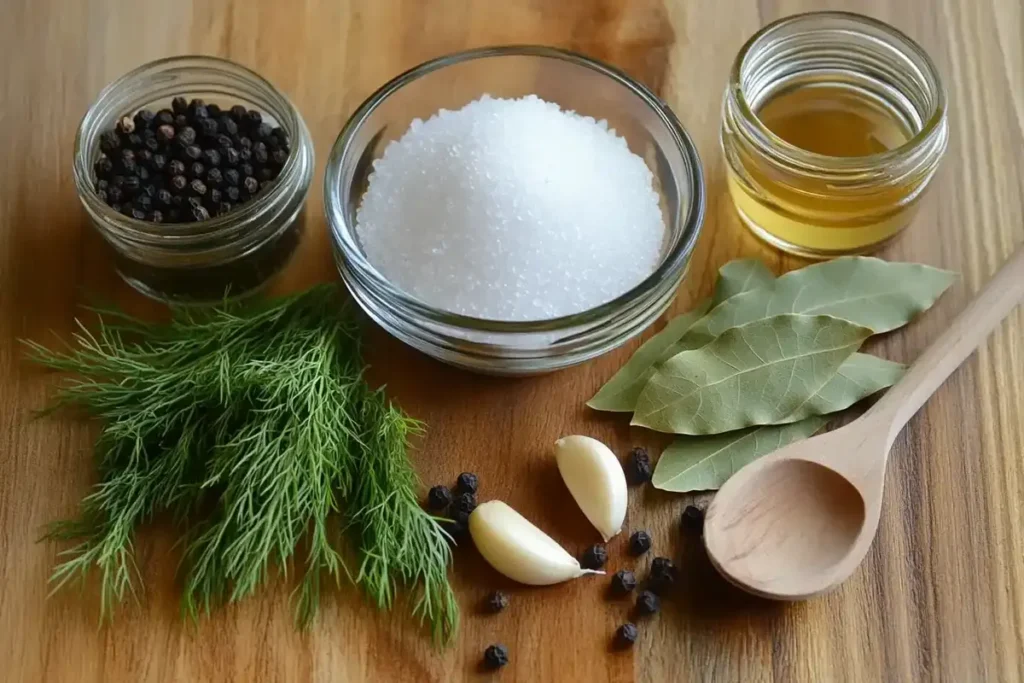 Ingredients for smoked trout brine, including salt, sugar, black peppercorns, bay leaves, and fresh herbs