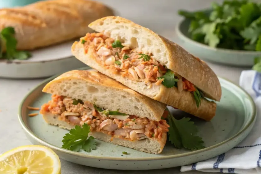 A delicious kimchi tuna sandwich recipe cut in half