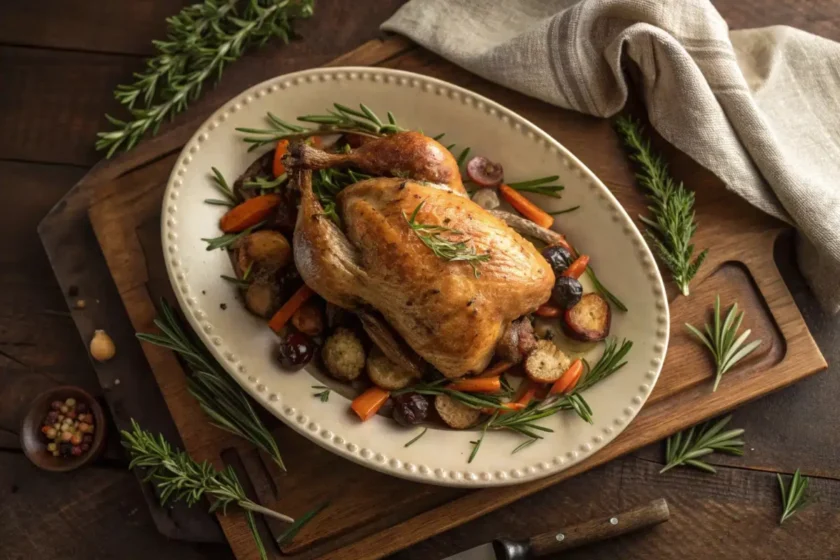 Delicious stuffed game hen recipe displayed on a serving platter.