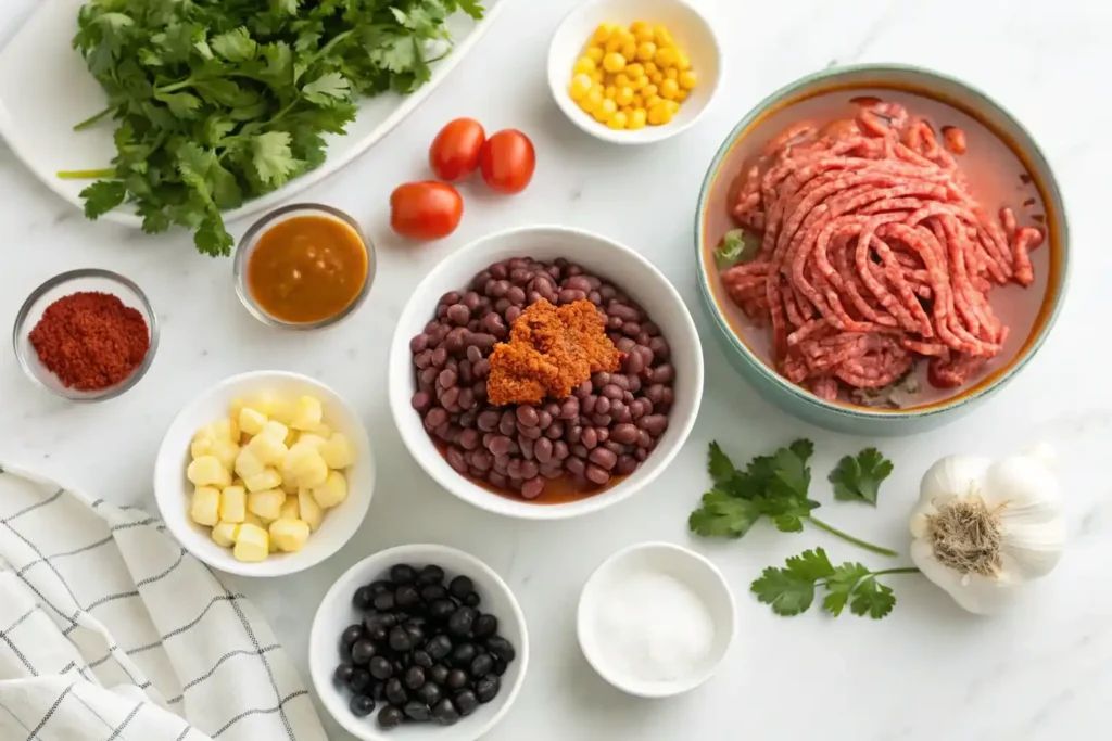 Ingredients for taco soup frios including beef, beans, corn, tomatoes, and spices