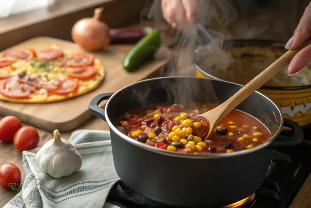 Cook stirring a pot of taco soup frios with visible beans and corn