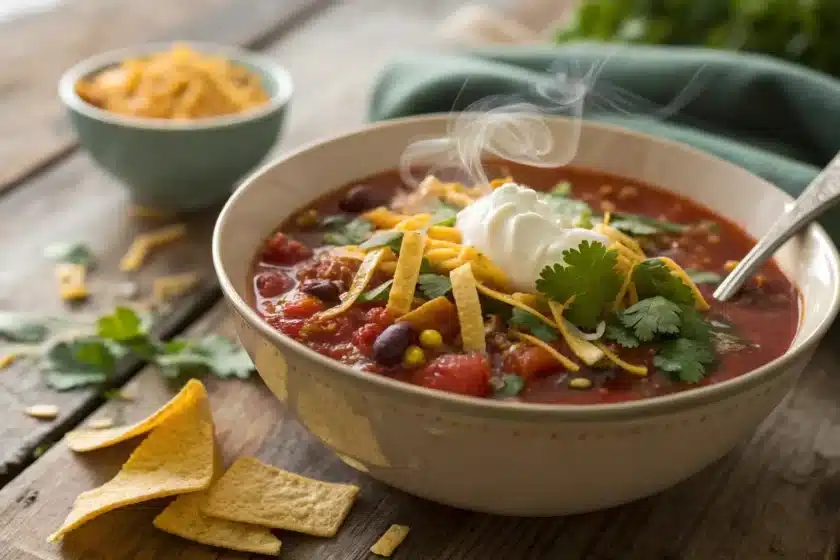 Bowl of flavorful taco soup frios with toppings.