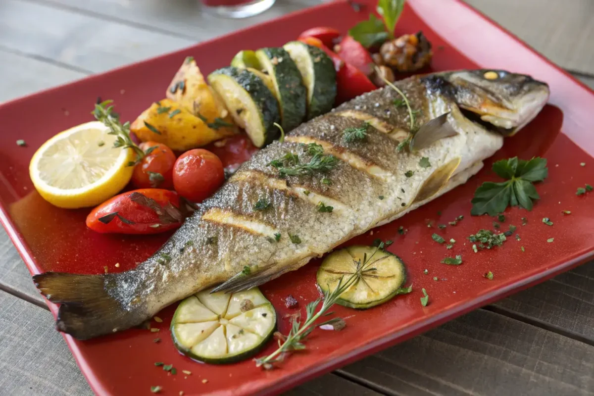 Perfectly pan-seared branzino fillet on a plate with lemon