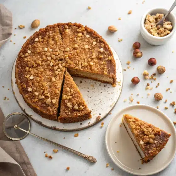 Close-up of a slice of cake with visible crunchy topping