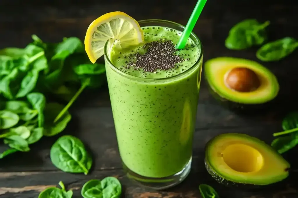 Refreshing green detox protein milkshake in a glass jar with a straw.