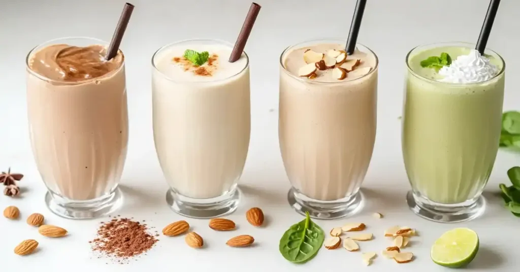 Thick and creamy protein milkshake in a tall glass.