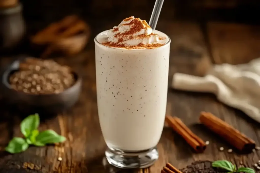 Creamy vanilla protein milkshake in a tall glass with a straw.