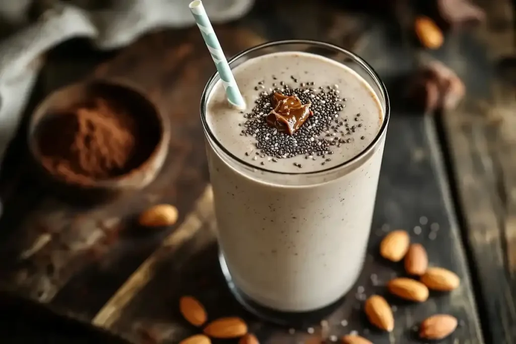 Smooth and creamy vegan dairy-free protein shake in a tall glass.