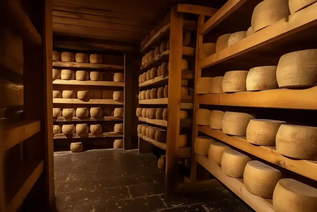  Wheels of Parmesan aging on wooden shelves.