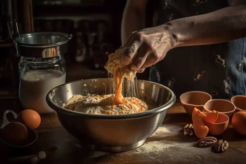 Mixing carrot bundt cake batter with grated carrots and nuts in a rustic kitchen setting