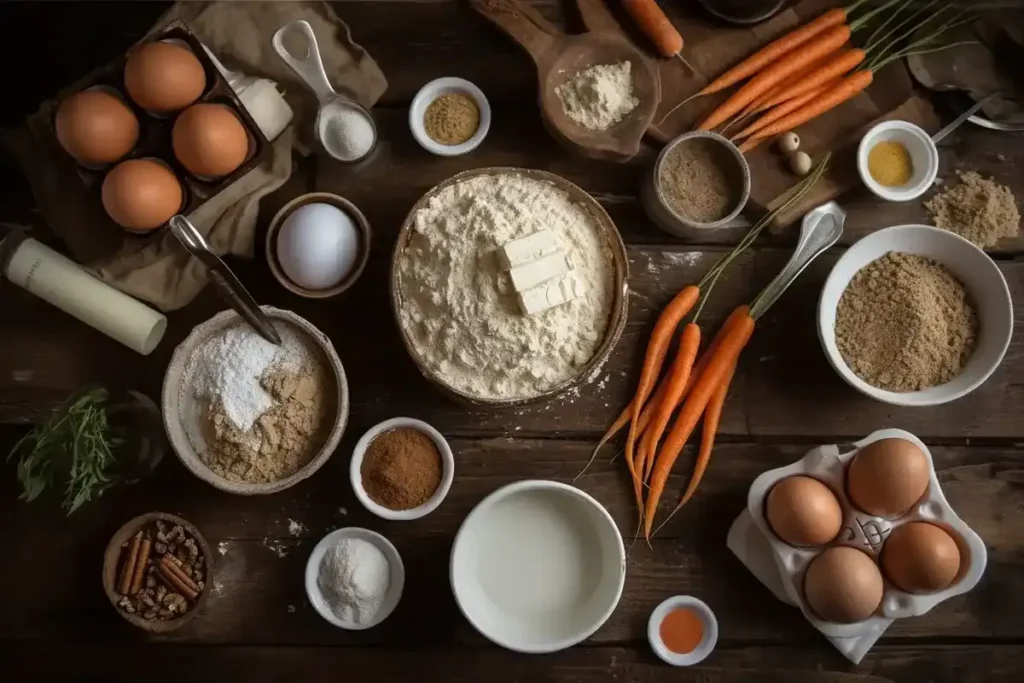 A top-down view of neatly arranged carrot cake ingredients, including flour, spices, carrots, eggs, sugar, and cream cheese.