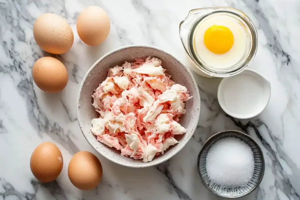 Fresh ingredients for crab brulee including crab meat, egg yolks, heavy cream, and sugar