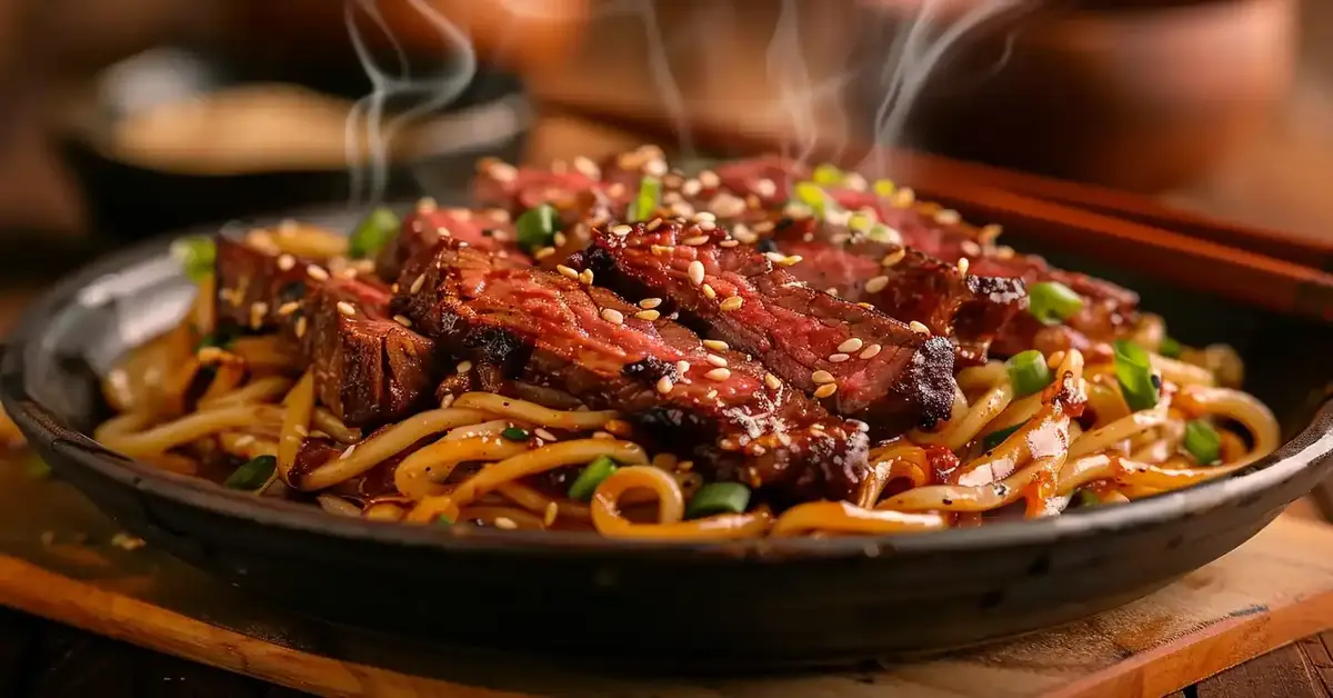 Juicy garlic butter steak bites served over stir-fried noodles, garnished with sesame seeds and green onions, steaming hot on a black plate