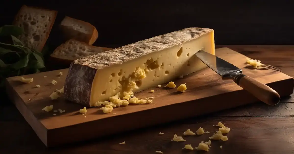 Aged Parmesan cheese on a wooden board with broken pieces