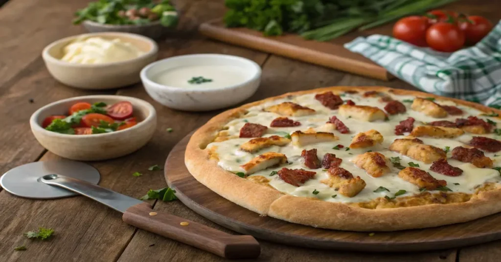 Homemade chicken bacon ranch pizza with a golden crust, topped with creamy ranch sauce, melted mozzarella and cheddar cheese, crispy bacon, and tender chicken, served with a fresh salad and dipping sauces on a rustic wooden table